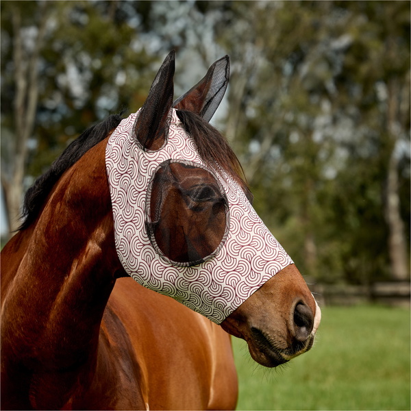 2026 WeatherBeeta Comfitec Deluxe Stretch Fly Mask With Ears 1029984032 - White / Burgundy Bit Print